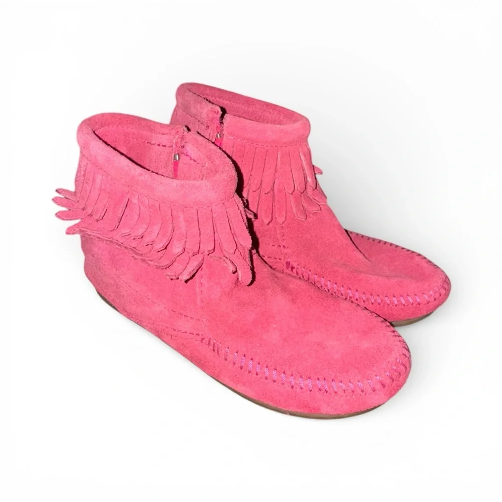 Minnetonka Girls Size 13 Pink Suede Fringe Ankle Boots Boho Western Kids-wear